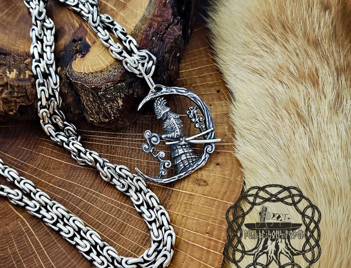 Handmade Sterling Silver Samurai Pendant. Japanese Warrior Half Moon Necklace.