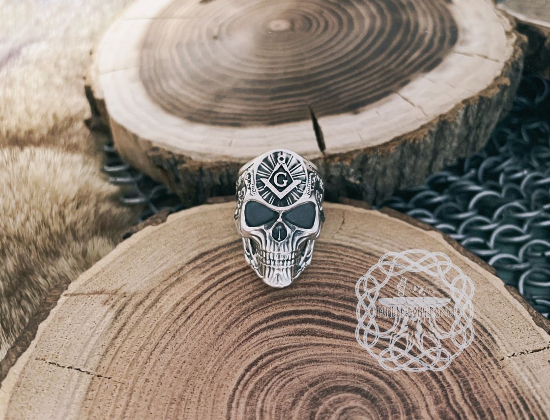 Handmade Sterling Silver Masonic Skull Ring. Freemason Biker Jewelry.