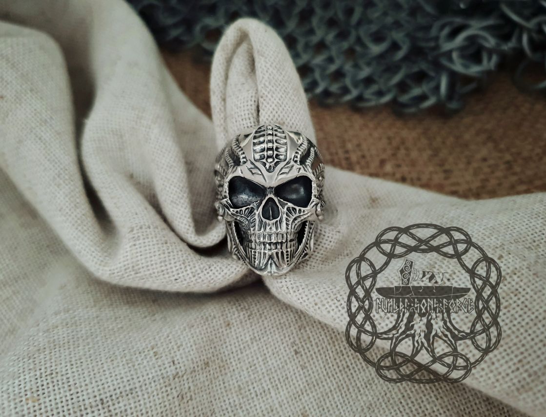 Handmade Sterling Silver Skull Ring. Biker Style Jewelry.