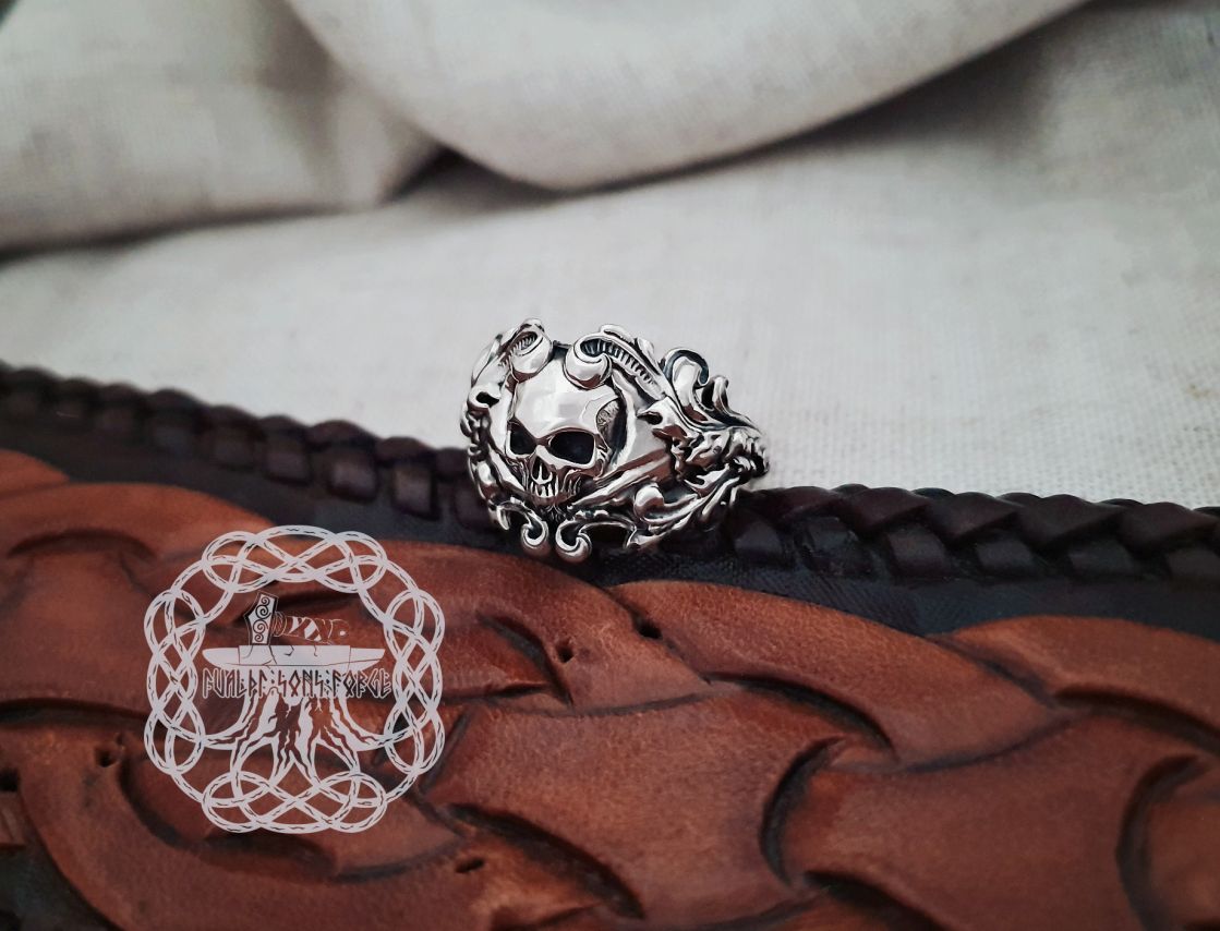 Sterling Silver Floral Skull Ring. Edgy Handmade Biker Jewelry.