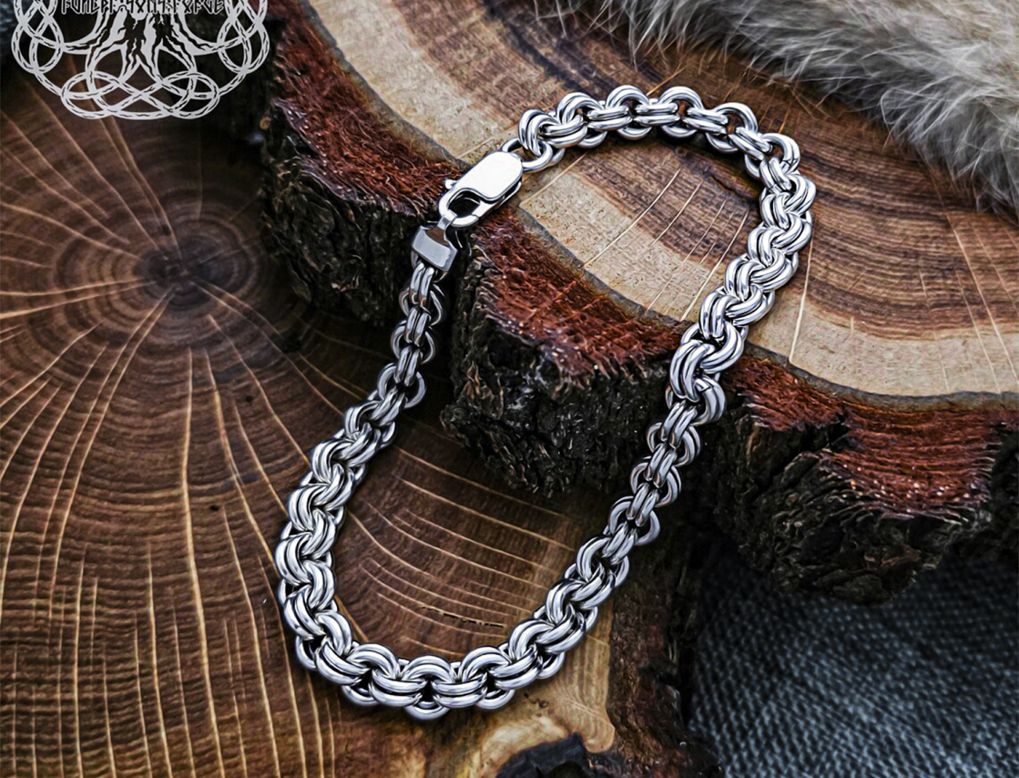 Sterling Silver Viking Bracelet. Handmade Double-Link Design.