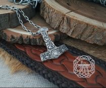 Sterling Silver Viking Mjolnir Necklace. Thor Hammer Pendant with Triskele.