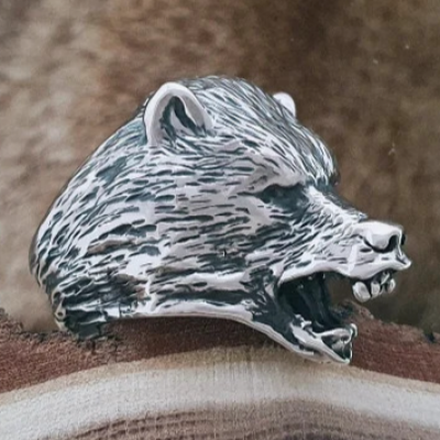 Handmade Sterling Silver Grizzly Bear Ring. Viking Biker Animal Jewelry.