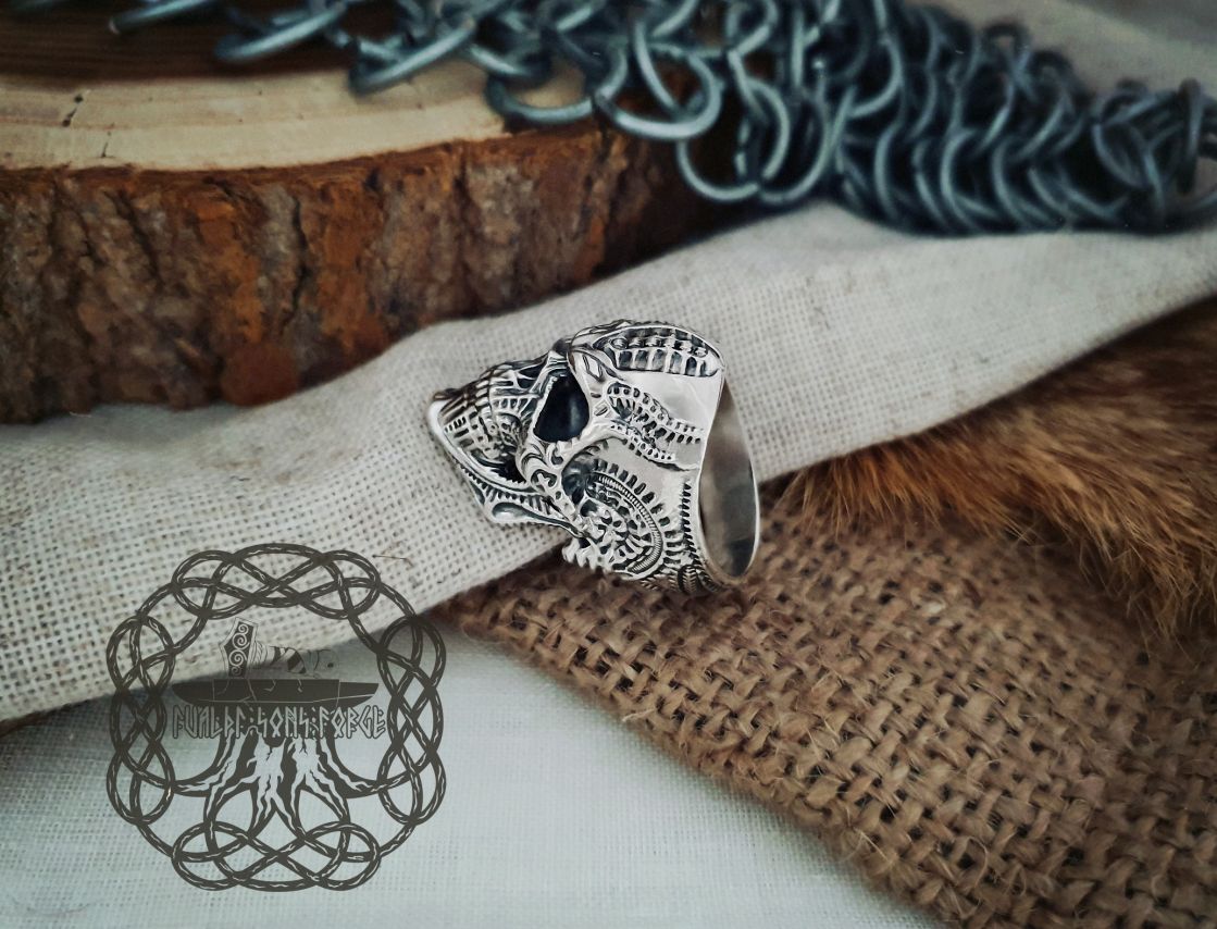 Handmade Sterling Silver Skull Ring. Biker Style Jewelry.