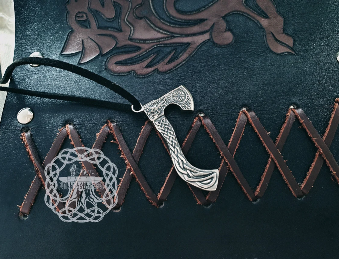 Sterling Silver Viking Axe Necklace. Braided Ornament with Wolf Design.