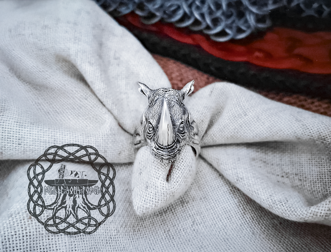 Handmade Sterling Silver Rhinoceros Head Ring. Biker Animal Jewelry.