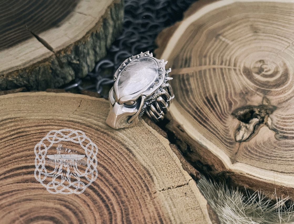 Handmade Sterling Silver Predator Mask Ring. Artisan Alien Design.