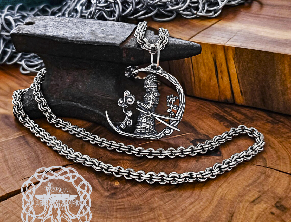 Handmade Sterling Silver Samurai Pendant. Japanese Warrior Half Moon Necklace.