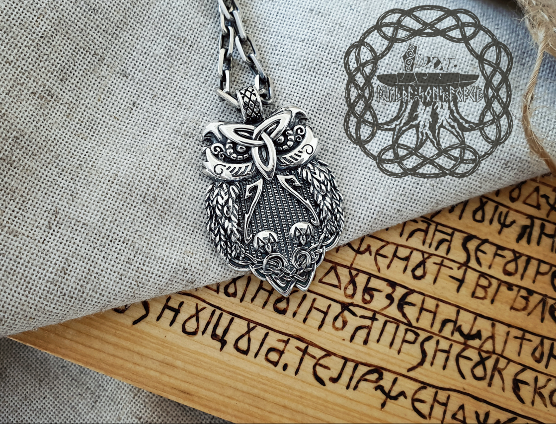 Sterling Silver Celtic Owl Necklace. Handmade Viking Jewelry.