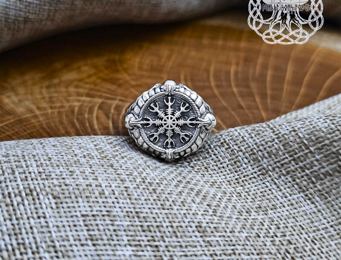 Sterling Silver Viking Helm of Awe Ring. Handmade Skull Design.