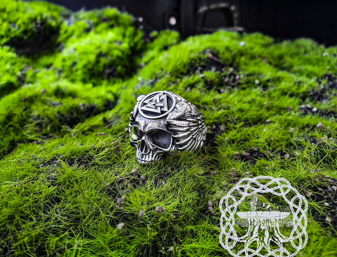 Handcrafted Sterling Silver Odin Skull Ring. Norse Viking Raven Jewelry.