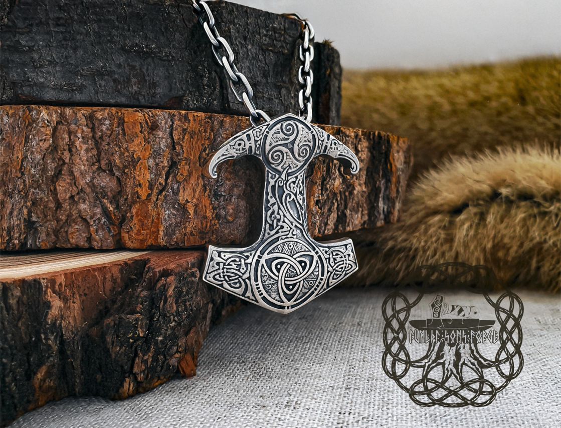 Sterling Silver Viking Thor Hammer Necklace. Mjolnir Pendant with Triquetra.