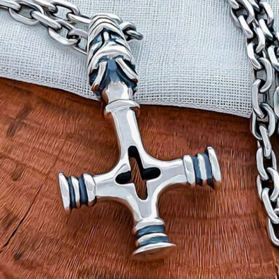 Handmade Olaf cross mjolnir pendant. Sterling silver Thor hammer replica from Iceland.