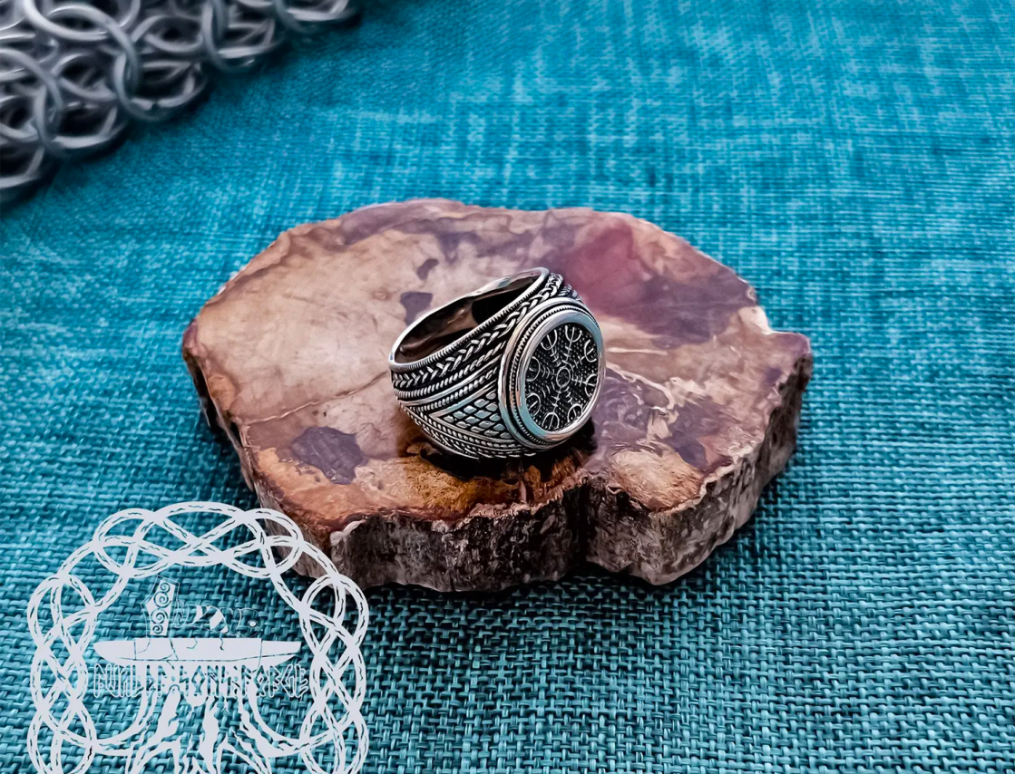 Sterling Silver Helm of Awe Ring. Artisan Handmade Viking Design.