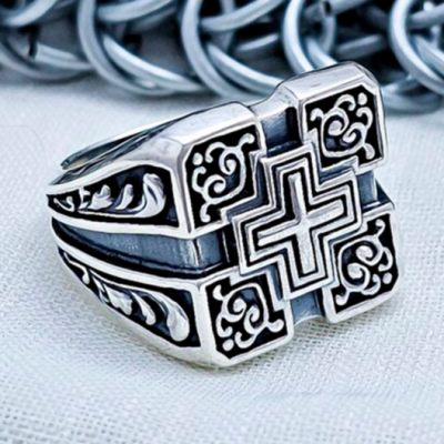 Sterling Silver Cross Statement Ring. Gothic Knight Jewelry.