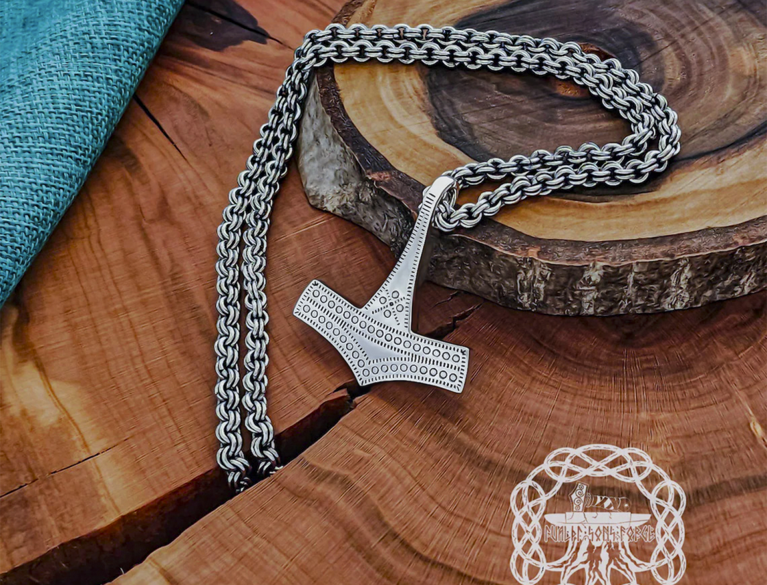 Handmade Thor hammer viking replica necklace. Sterling silver Romersdal mjolnir pendant. 