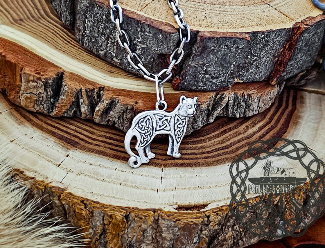 Sterling Silver Mystic Celtic Cat Pendant. Handmade Women Necklace.