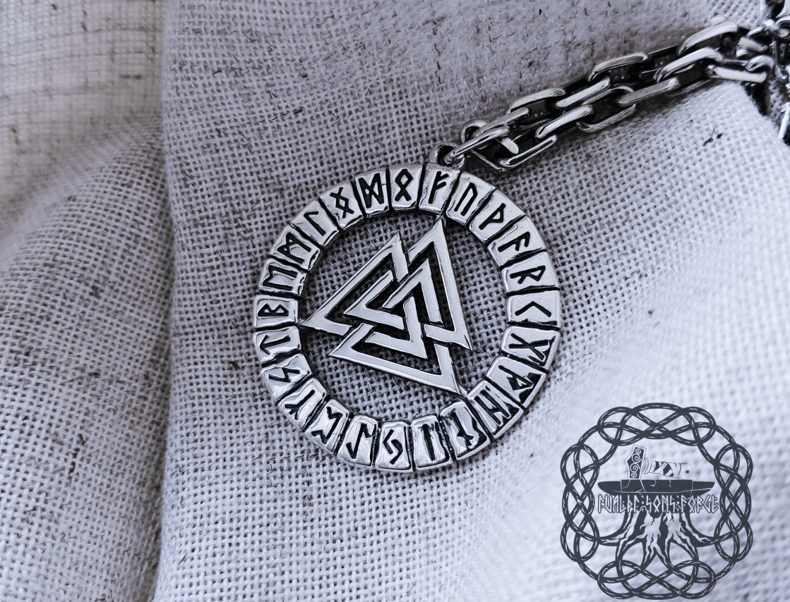 Handmade Sterling Silver Valknut Pendant. Norse Runic Necklace.