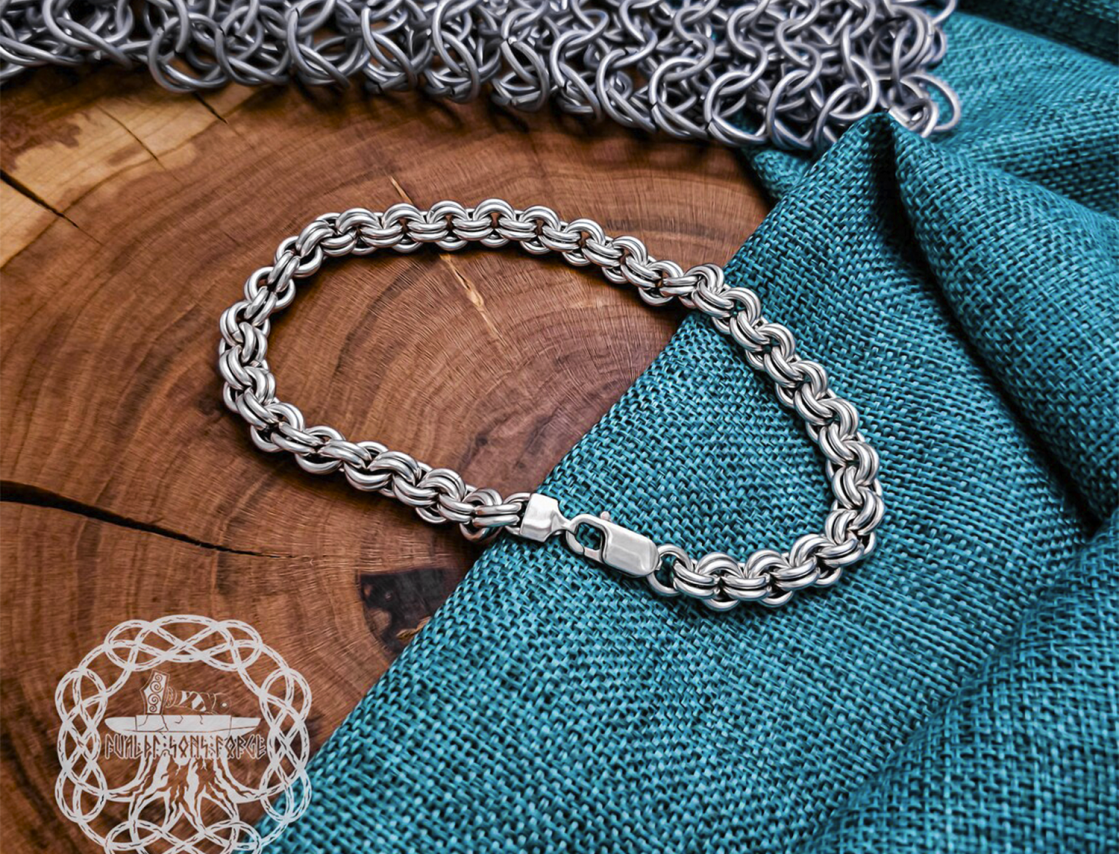 Sterling Silver Viking Bracelet. Handmade Double-Link Design.
