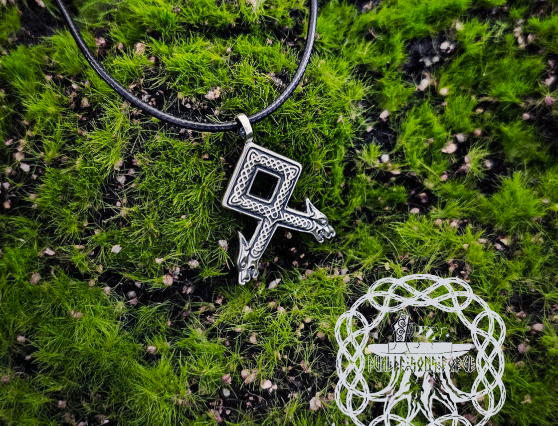 Handmade Sterling Silver Othala Rune Pendant. Viking Wolf Necklace.