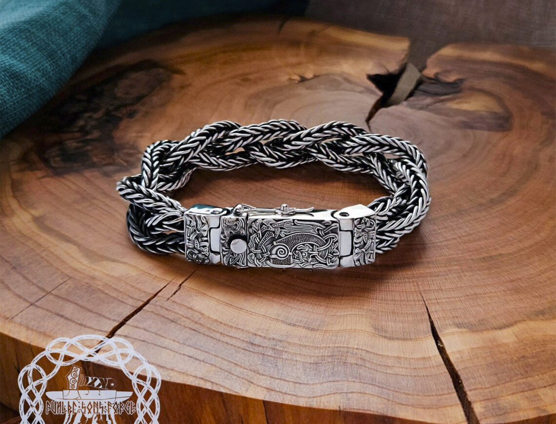 Handmade Sterling Silver Viking Bracelet. Featuring Mammen Style Cammin Casket Ornament.