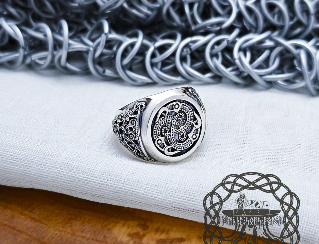 Sterling Silver Raven Triskele Knot Ring. Artisan Viking Jewelry.