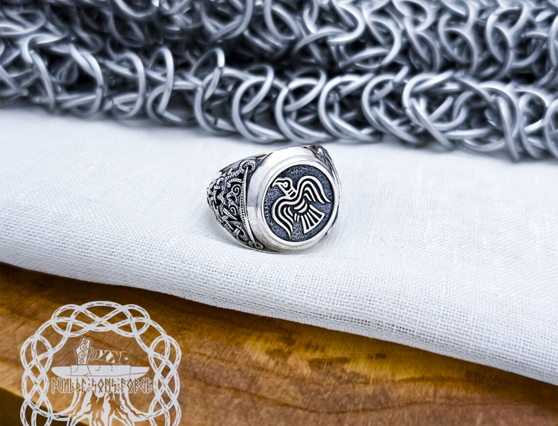 Sterling Silver Raven Banner Ring. Artisan Viking Jewelry.