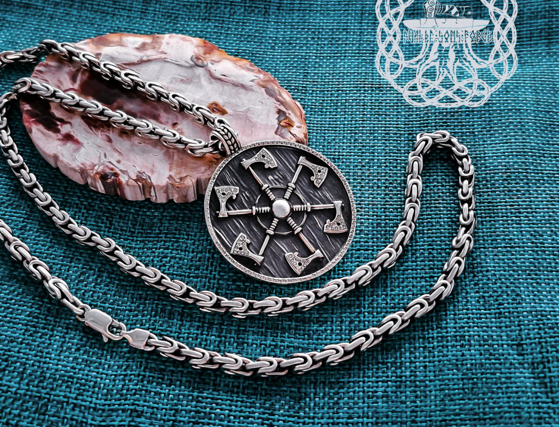 Handmade Sterling Silver Shield Pendant. Viking Axe Necklace.
