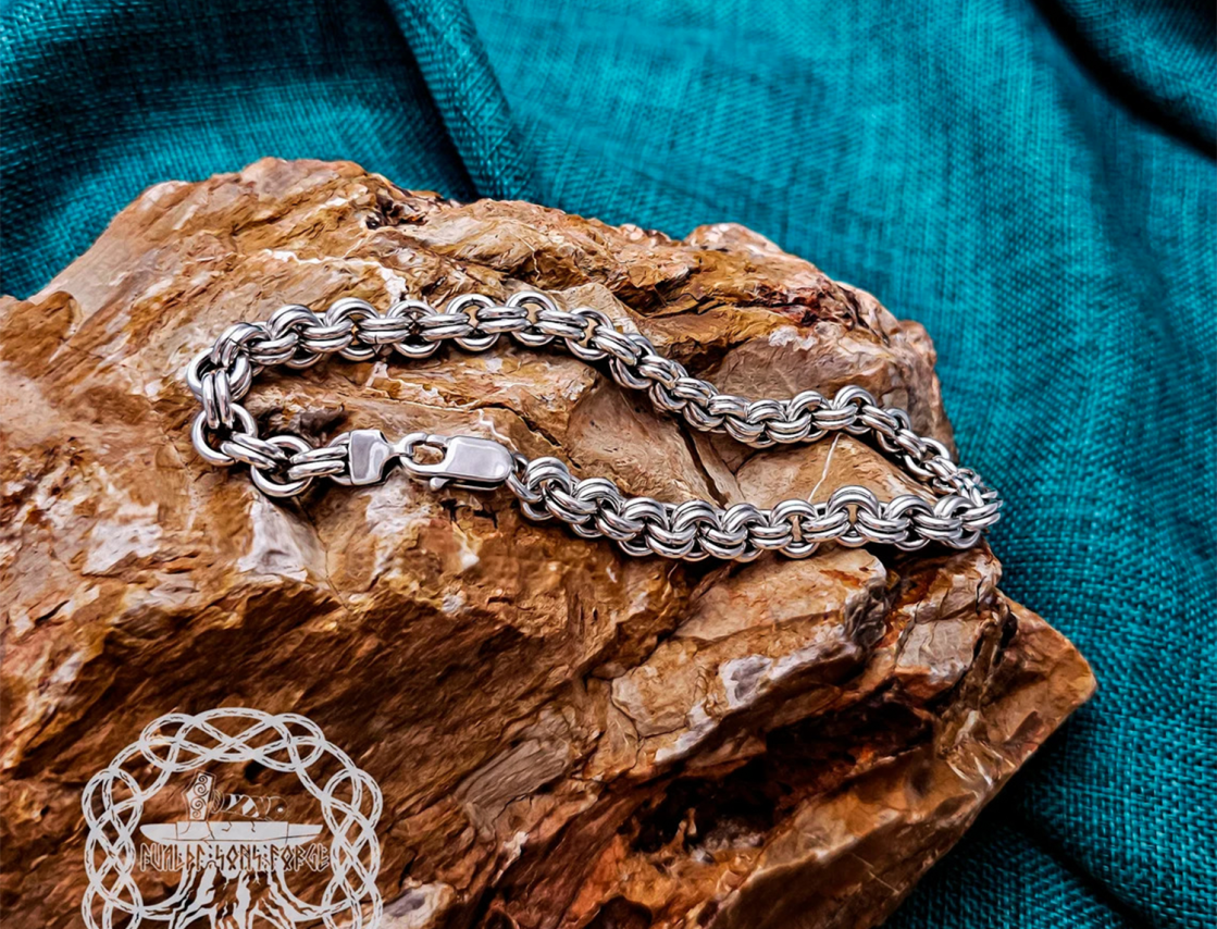 Sterling Silver Viking Bracelet. Handmade Double-Link Design.