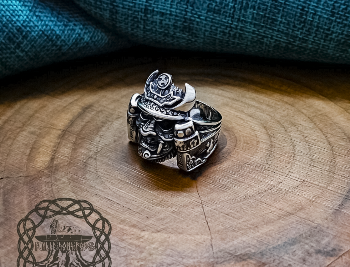 Handmade Sterling Silver Samurai Mask Ring. Artisan Japanese Design.