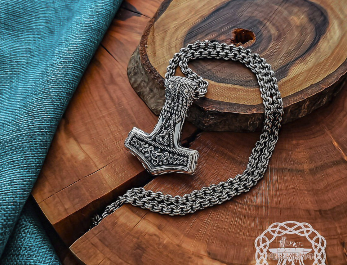 Sterling Silver Bredsatra Mjolnir Necklace. Viking Thor Hammer Pendant.