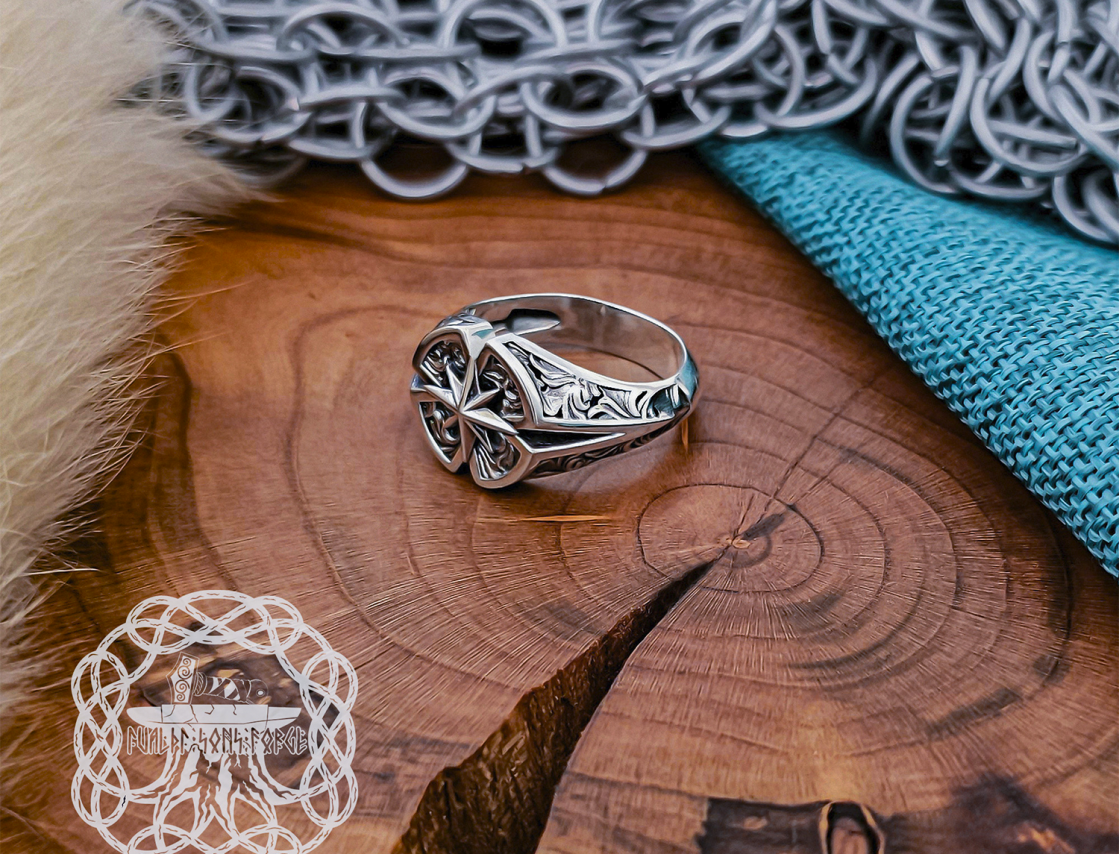 Sterling Silver Wind Rose Signet Ring. Handmade Compass Jewelry.