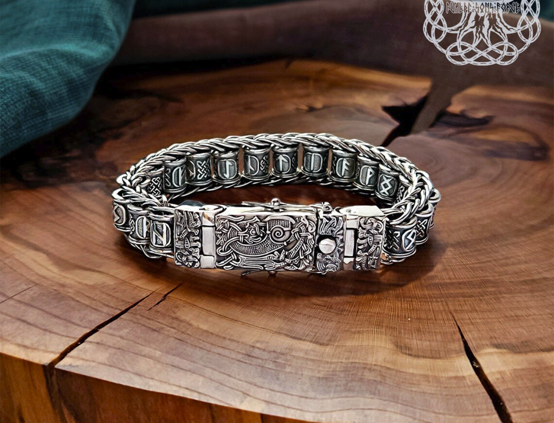 Sterling Silver Rune Bracelet with Cammin Casket Design. Handmade Viking Arm Ring.