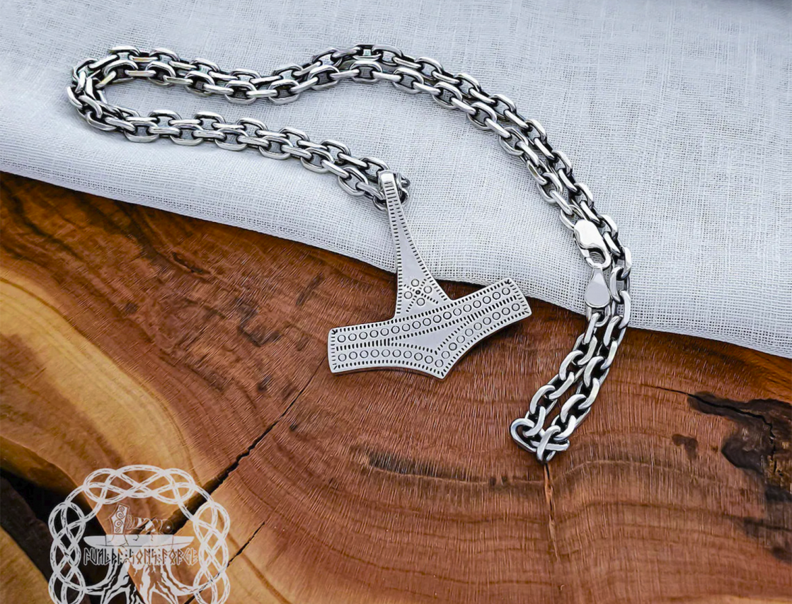 Handmade Thor hammer viking replica necklace. Sterling silver Romersdal mjolnir pendant. 