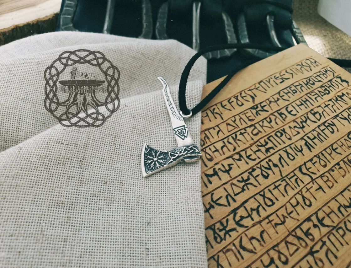 Sterling Silver Viking Axe Necklace. Featuring Valknut and Helm of Awe.