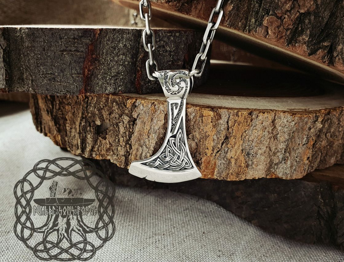 Sterling Silver Norse Pendant. Viking Axe Jewelry.