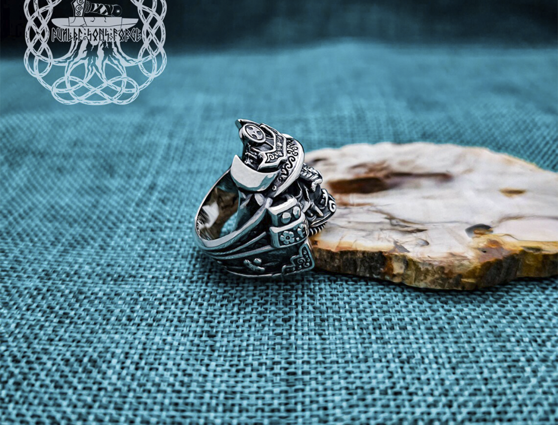 Handmade Sterling Silver Samurai Mask Ring. Artisan Japanese Design.