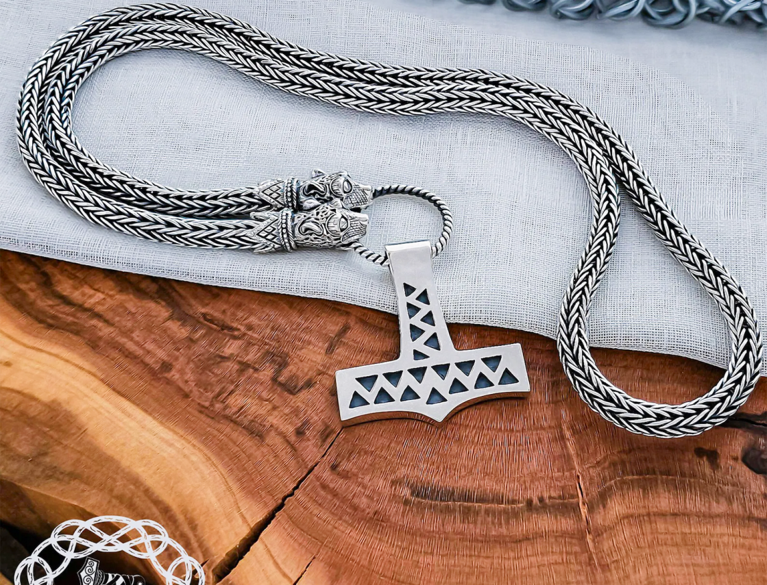 Sterling Silver Wolf Head Viking Chain. Handmade Authentic Jewelry Necklace.
