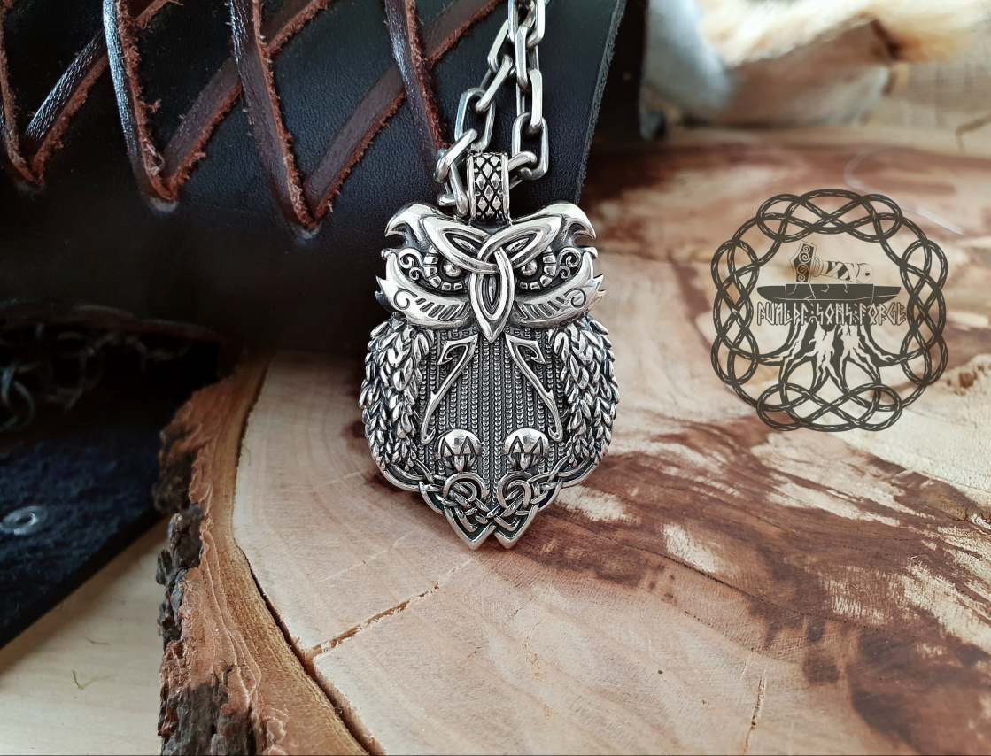 Sterling Silver Celtic Owl Necklace. Handmade Viking Jewelry.