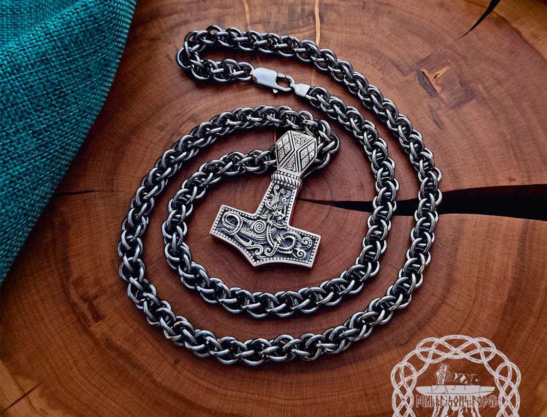 Sterling Silver Mammen Mjolnir Necklace. Handmade Viking Thor Hammer Pendant.