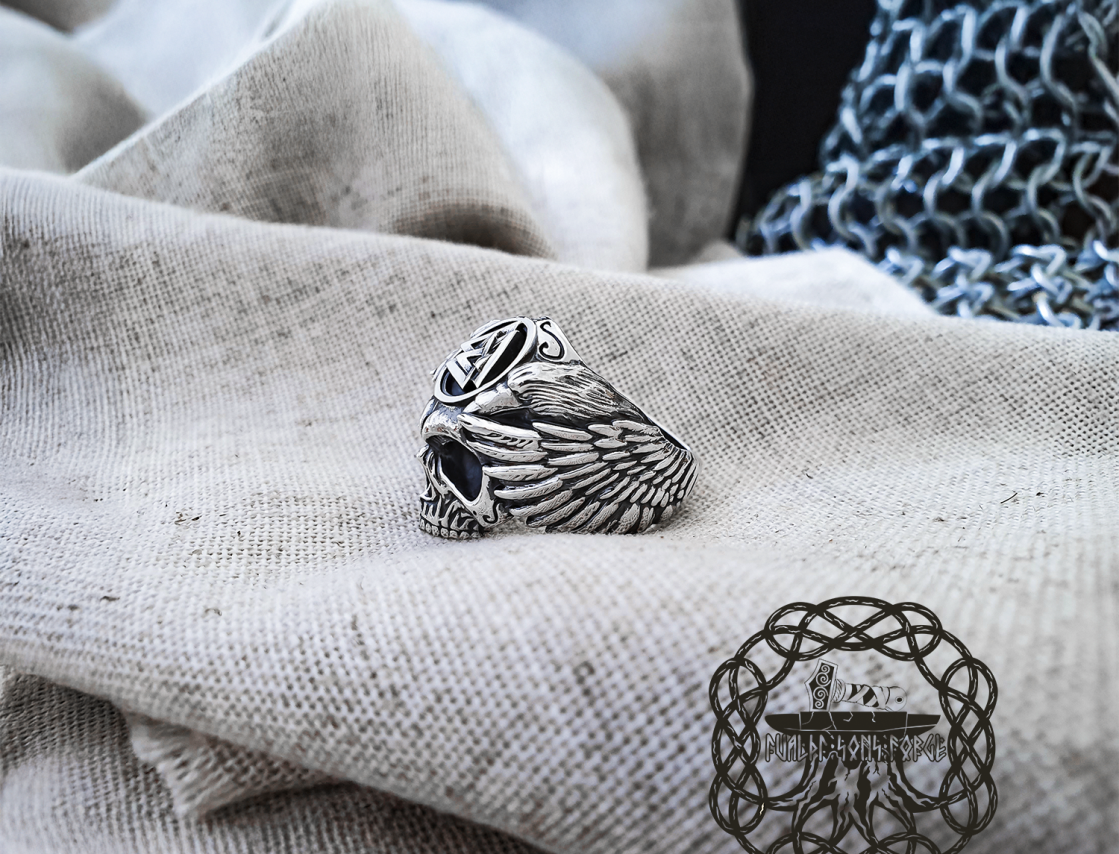 Handcrafted Sterling Silver Odin Skull Ring. Norse Viking Raven Jewelry.