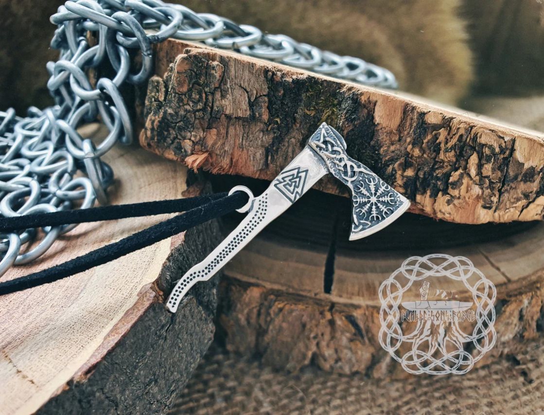 Sterling Silver Viking Axe Necklace. Featuring Valknut and Helm of Awe.