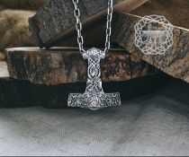 Sterling Silver Viking Mjolnir Necklace. Thor Hammer Pendant with Triskele.