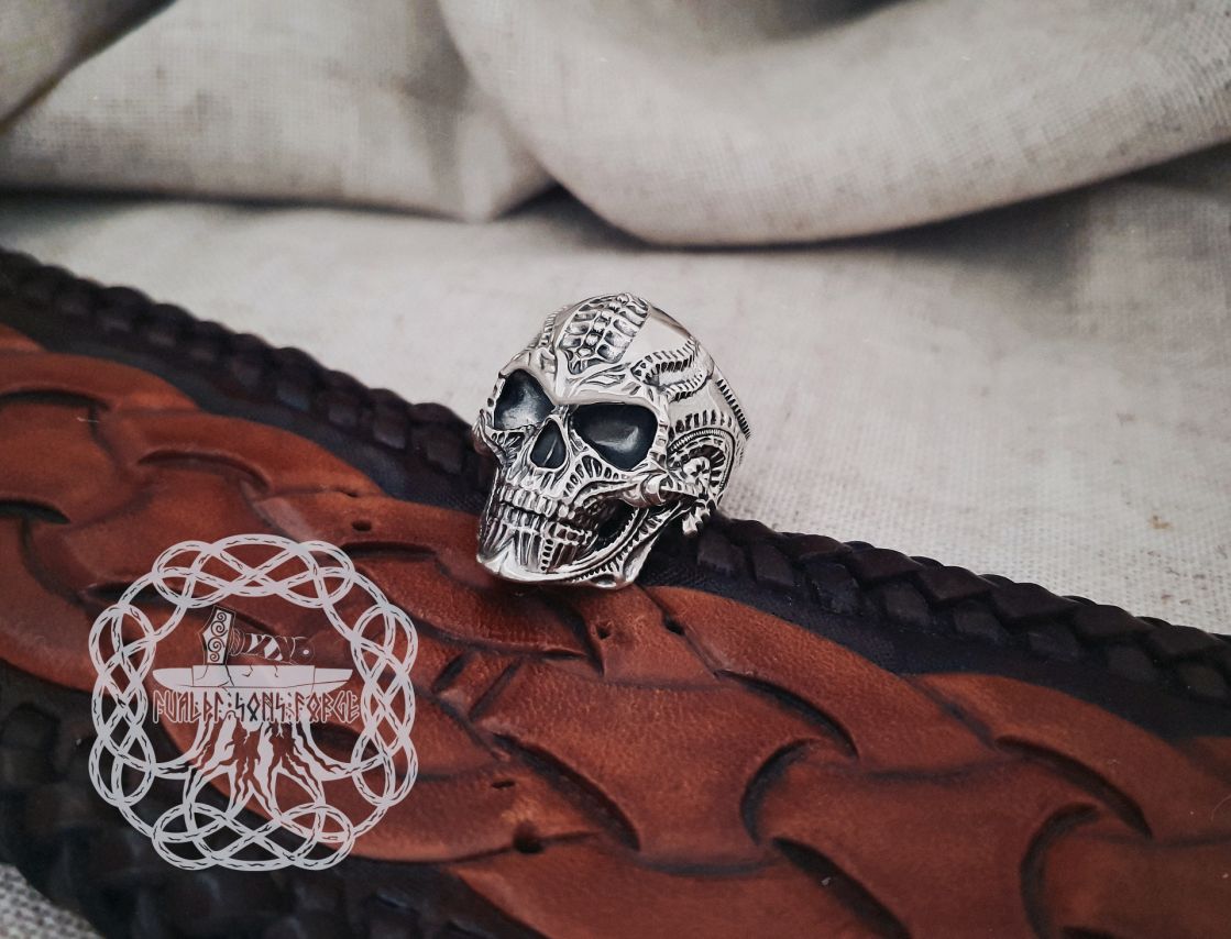 Handmade Sterling Silver Skull Ring. Biker Style Jewelry.