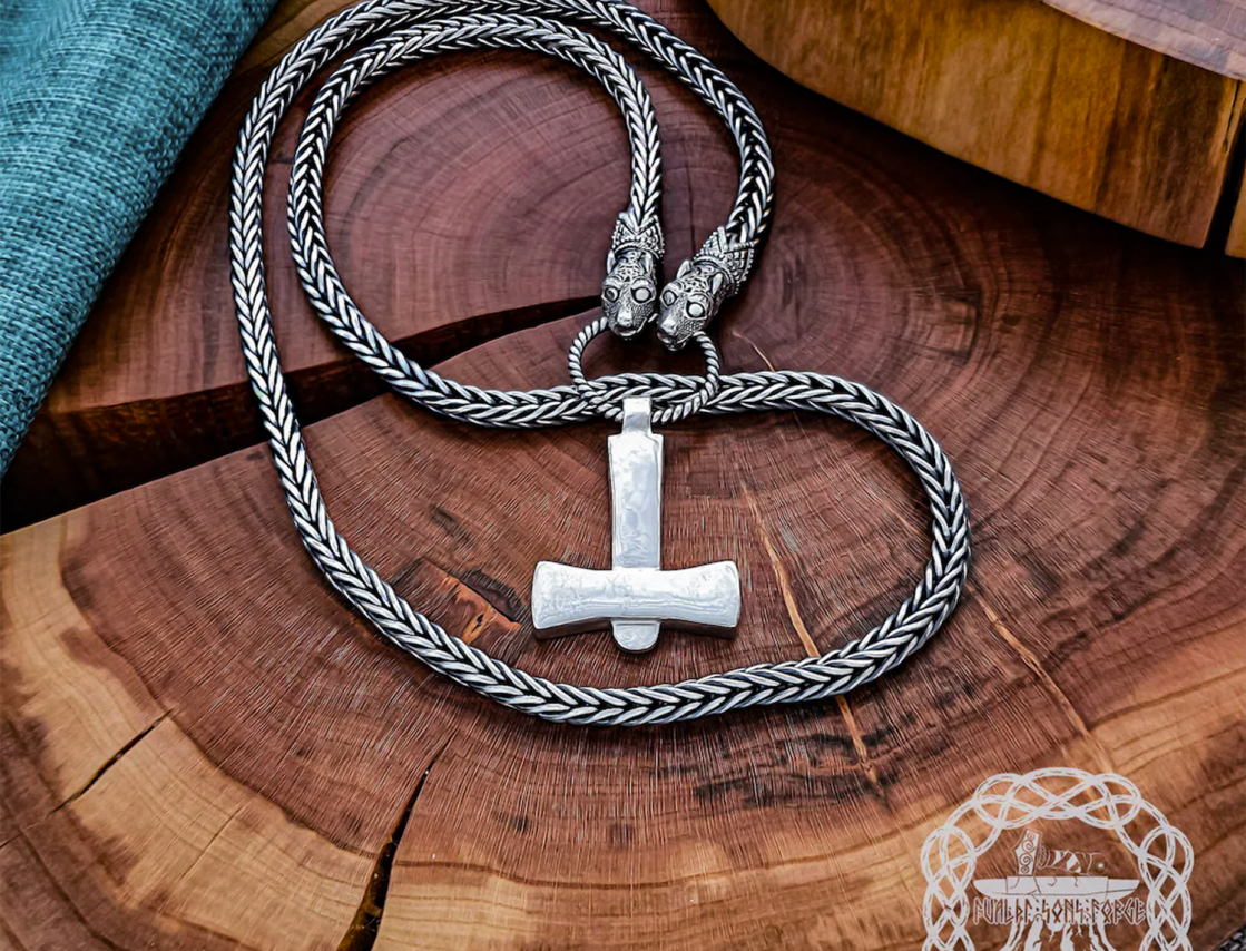 Authentic sterling silver wolfs head viking chain. Handmade norse necklace.