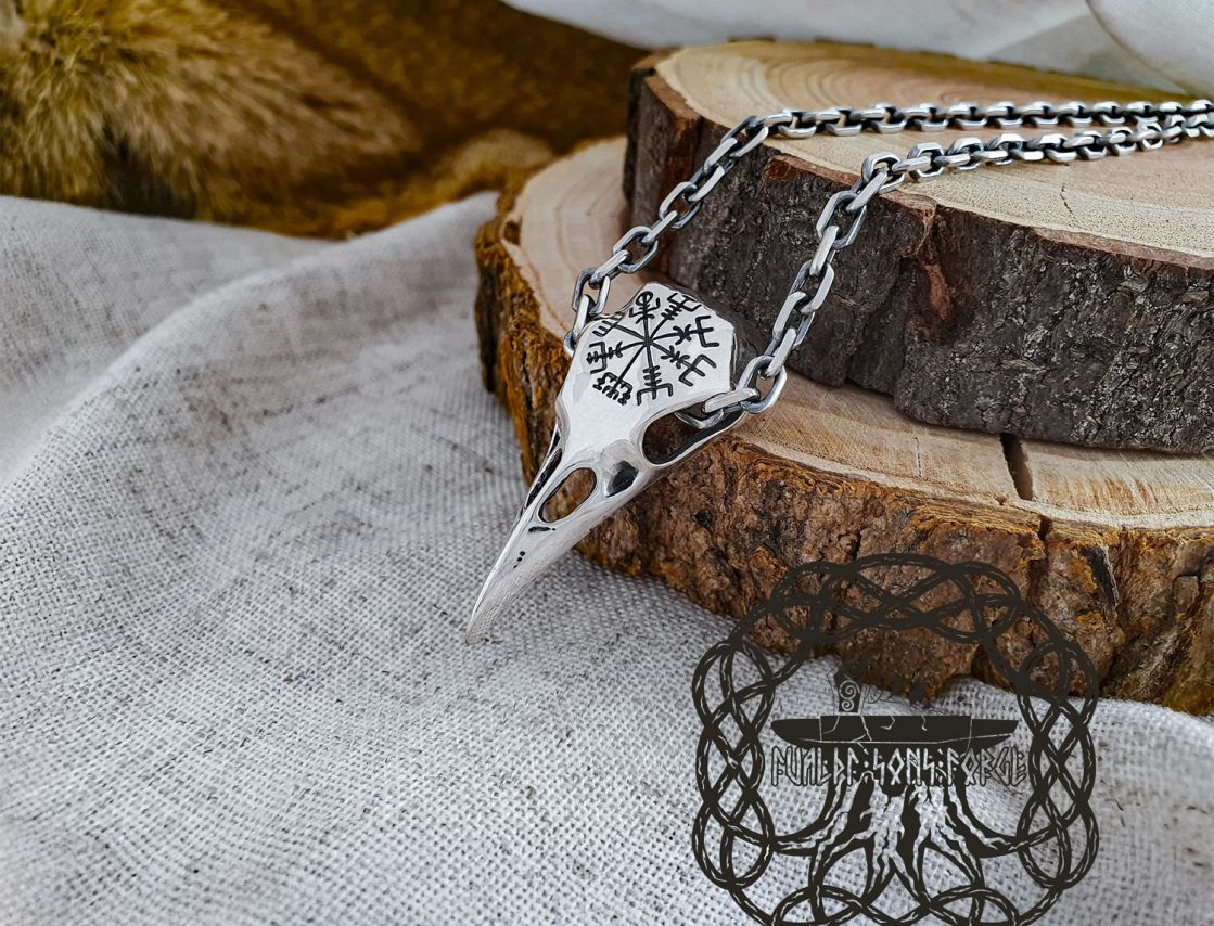 Sterling Silver Viking Raven Skull Pendant. Handmade Norse Necklace.