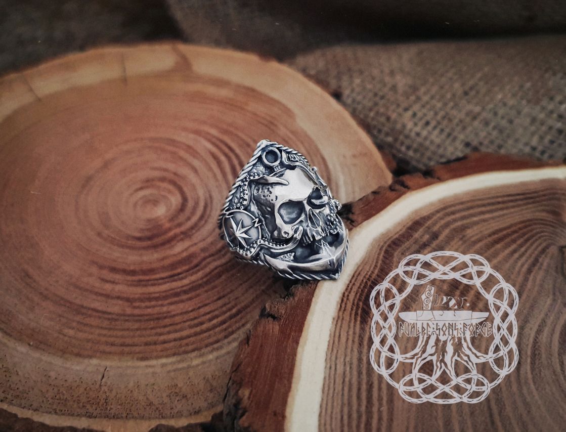 Handmade Sterling Silver Marine Skull Ring. Artisan Wind Rose and Anchor Design.