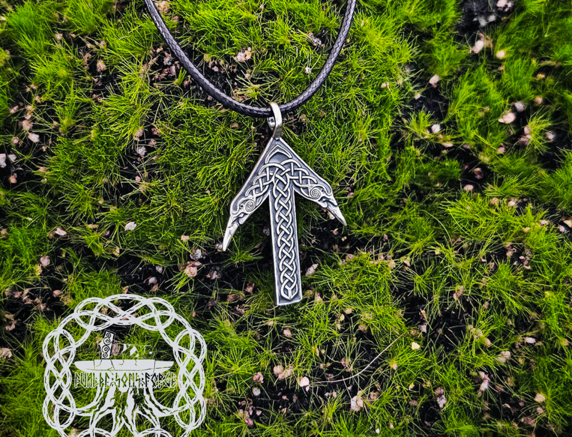 Handmade Sterling Silver Tiwaz Rune Pendant. Viking Raven Norse Necklace.