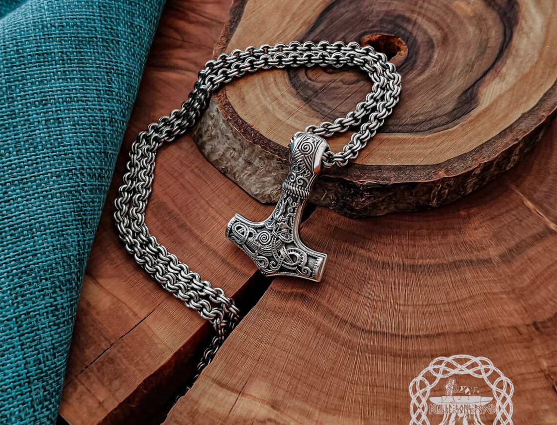 Sterling Silver Mammen Mjolnir Pendant. Handmade Viking Thor Hammer Necklace.