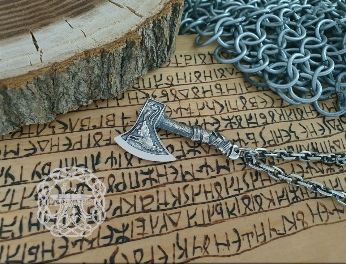 Sterling Silver Norse Axe Pendant. Raven and Wolf Amulet.